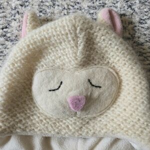 Handmade Cream & Pink Wool Bunny Ear Knit Hat with Embroidered Details
